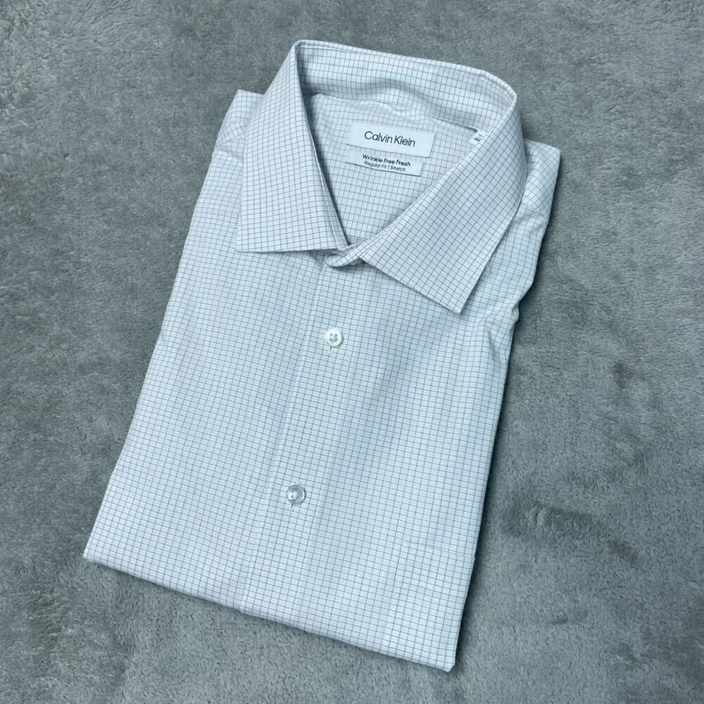 Calvin Klein Men's L Wrinkle-Free Checkered White Black Dress Shirt L1392 - Picture 3 of 8